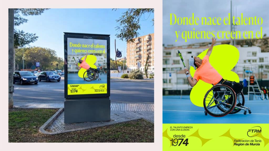 Talento deportivo en Murcia para todos con discapacidad. Publicidad de la Federación de Tenis Región de Murcia en un cartel urbano.