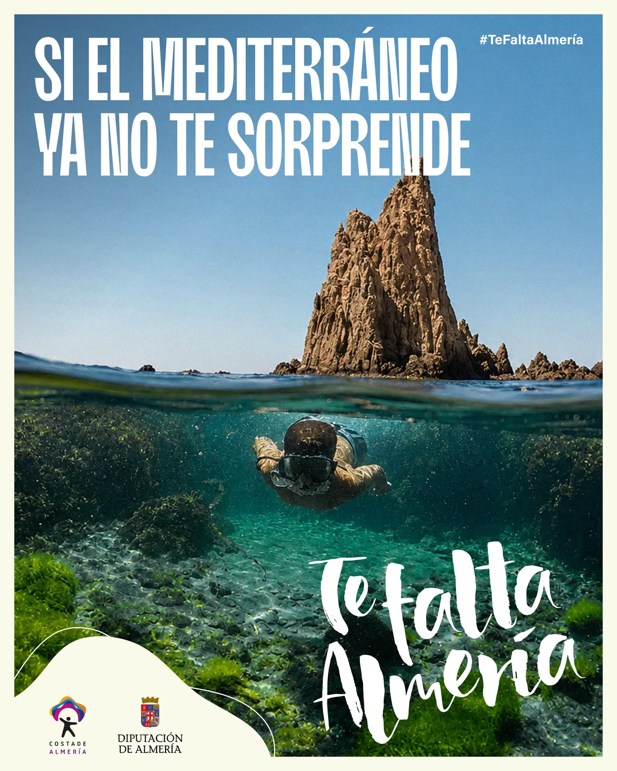 Gráfica para redes de Te falta Almería: «Si el Mediterráneo ya no te sorprende», en el Arrecife de las Sirenas